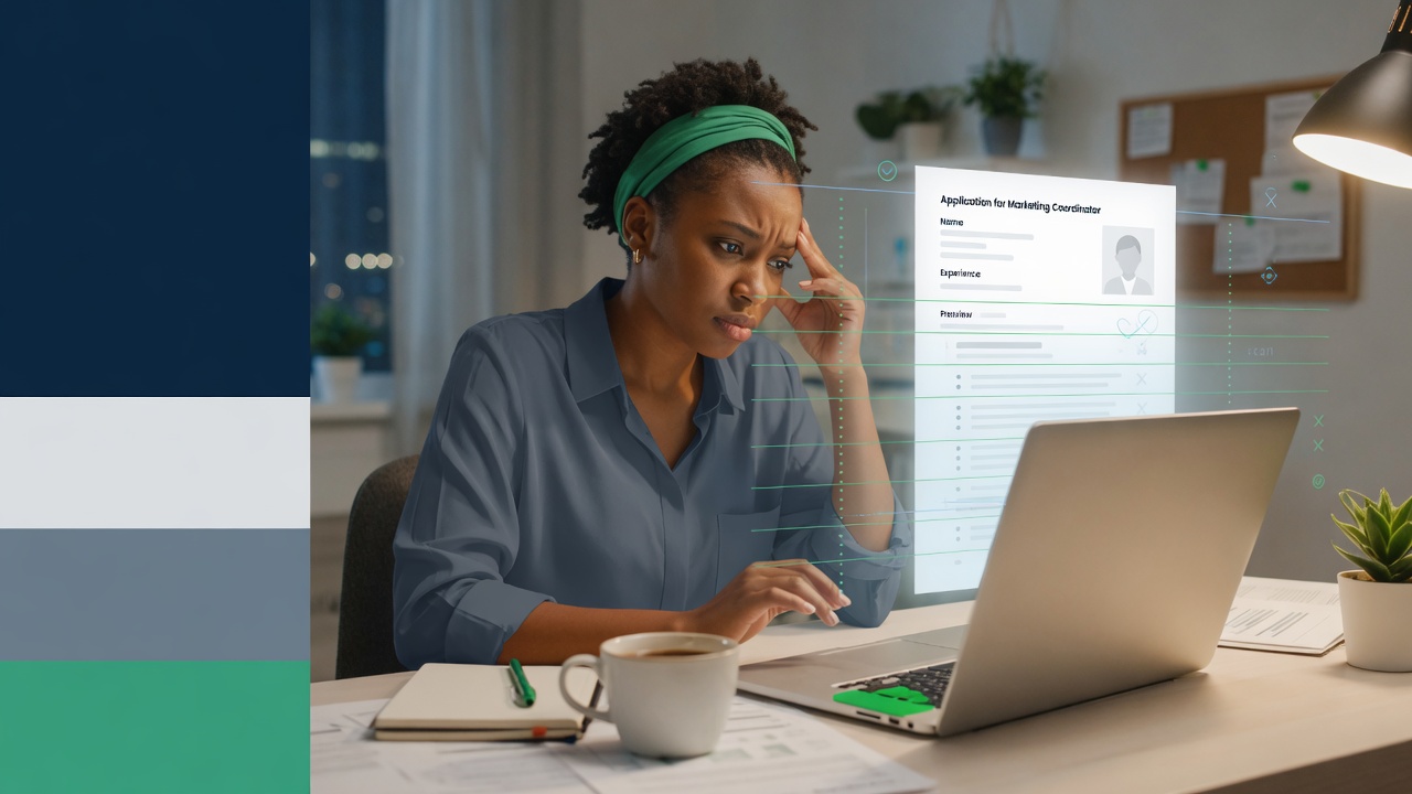 Frustrated job seeker reviewing applications on a laptop while ATS software filters resumes